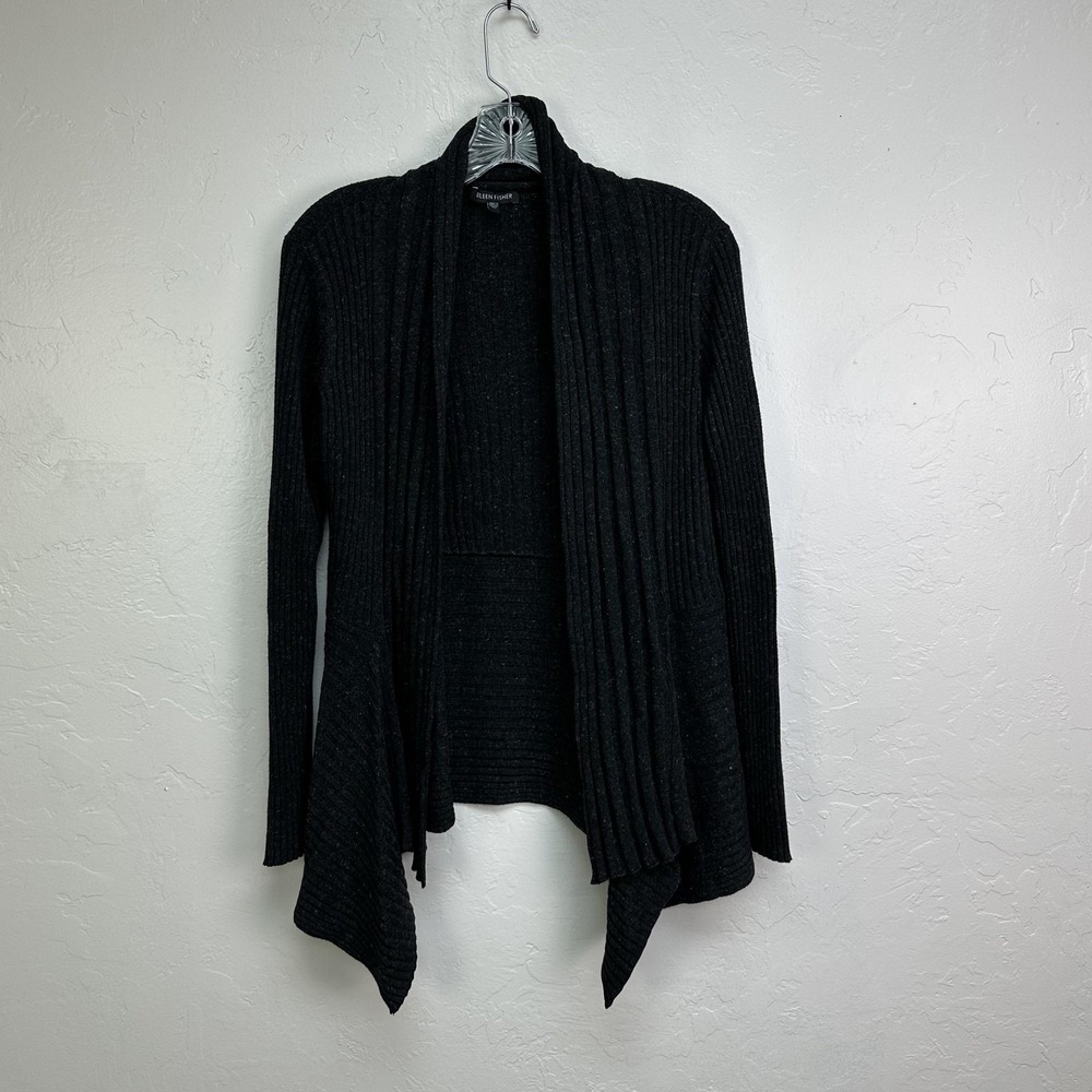Eileen Fisher Sweater Womens Medium Black Open Front Cardigan Ribbed Linen Blend